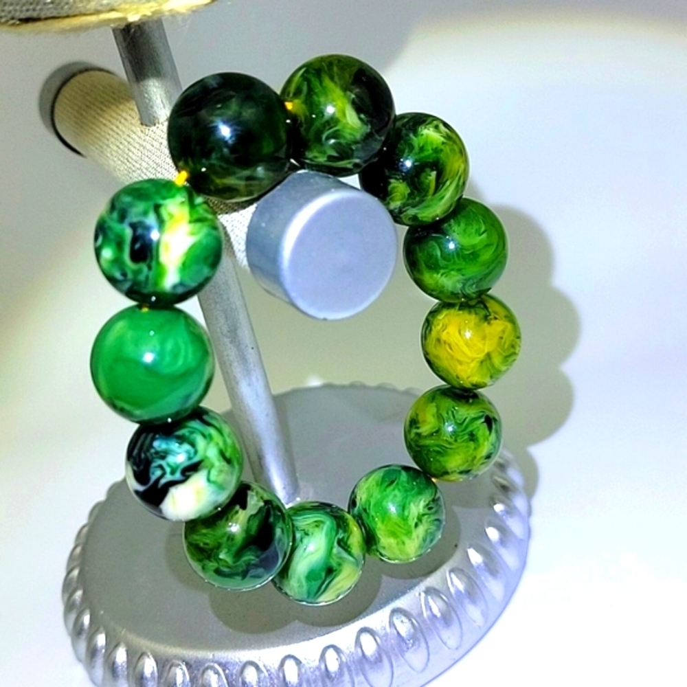 20mm Green Swirl Beeswax Amber Beaded Stretch Bracelet Size 7" Certified Beads
